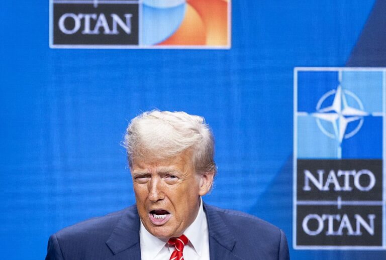 President Donald Trump speaks at the NATO summit in The Hague on June 25, 2025. (Robin Van Lonkhuijsen/ANP/AFP via Getty Images)