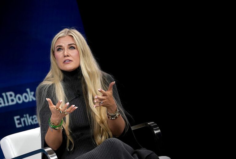 Erika Kirk speaks onstage during The New York Times DealBook Summit 2025 on Dec. 3. (David Dee Delgado/Getty Images for The New York Times))