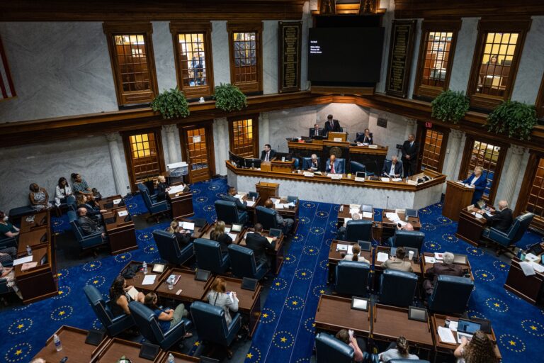 Indiana State Senators meet in the Senate chamber in the Indiana State Capitol building. (Photo by Jon Cherry/Getty Images)