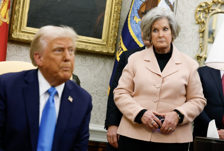 WASHINGTON, DC - FEBRUARY 04: U.S. President Donald Trump, accompanied by White House Chief of Staff Susie Wiles (R), speaks during a meeting with Israeli Prime Minister Benjamin Netanyahu in the Oval Office of the White House on February 04, 2025 in Washington, DC. Netanyahu is the first foreign leader to visit Trump since he returned to the White House last month. (Photo by Anna Moneymaker/Getty Images)
