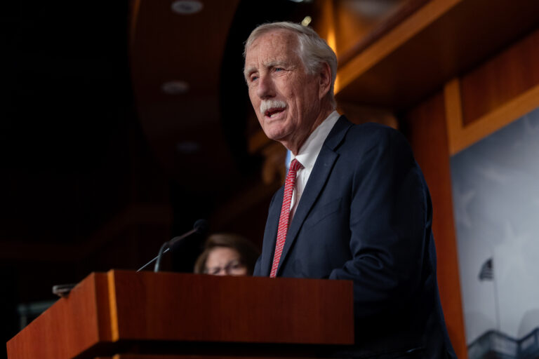 Senator Angus King (I-ME) speaks at a press conference with other Senate Democrats who voted to restore government funding, in Washington, DC on November 9, 2025. ((Photo by Nathan Posner/Anadolu via Getty Images))