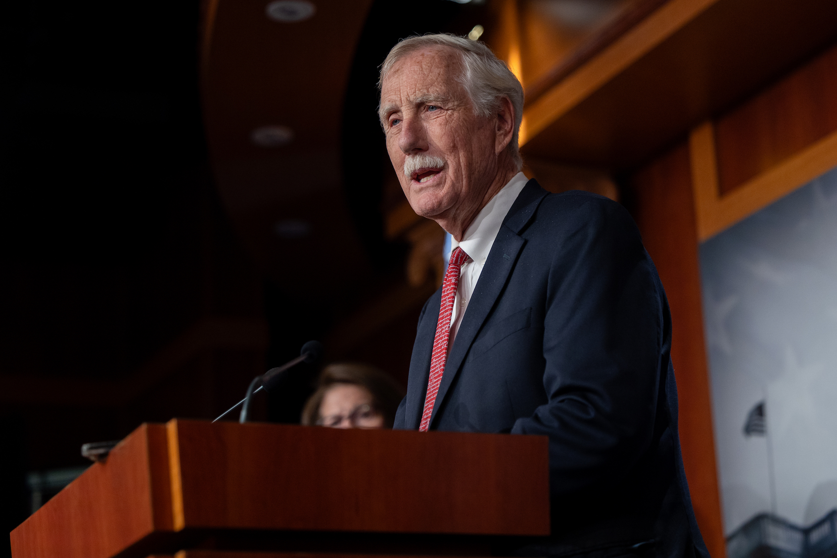 Senator Angus King (I-ME) speaks at a press conference with other Senate Democrats who voted to restore government funding, in Washington, DC on November 9, 2025. ((Photo by Nathan Posner/Anadolu via Getty Images))