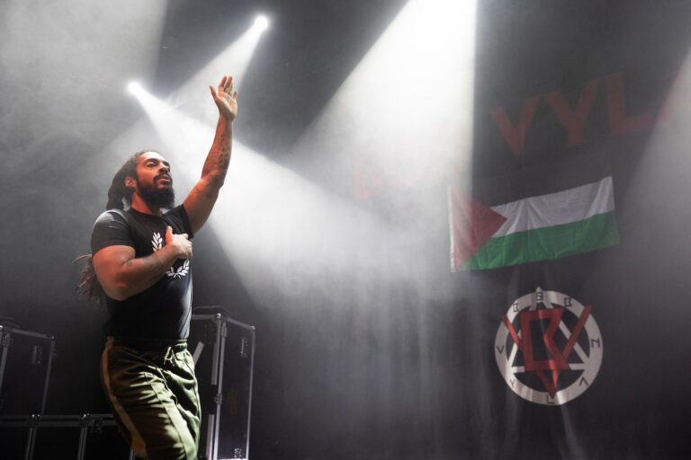 Bobby Vylan of Bob Vylan performs onstage during a concert at Vicar Street on November 26, 2025 in Dublin, Ireland. (Photo by Kieran Frost/Getty Images)