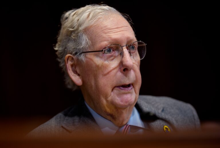 WASHINGTON, DC - DECEMBER 3: Sen. Mitch McConnell (R-KY) speaks during a Senate Appropriations Subcommittee hearing on "The Abduction of Ukrainian Children by the Russian Federation" on Capitol Hill on December 3, 2025 in Washington, DC. Congressmen in the House and Senate on both sides of the isle joined the Ukrainian Ambassador to the United States and advocates to testify about the Russian war effort to abduct thousands of Ukrainian children and forced to undergo "re-education" and militarization. (Photo by Andrew Harnik/Getty Images)