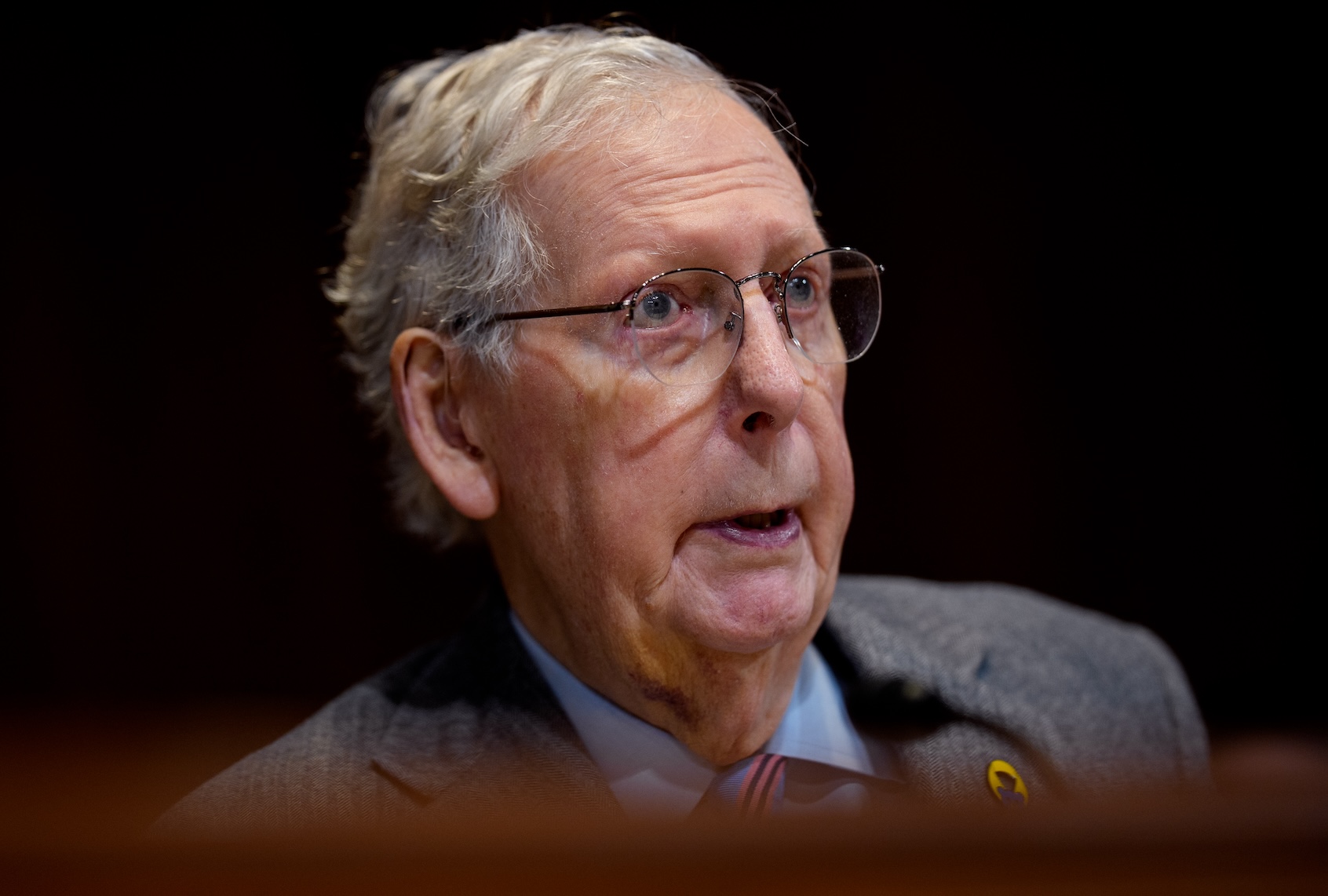 WASHINGTON, DC - DECEMBER 3: Sen. Mitch McConnell (R-KY) speaks during a Senate Appropriations Subcommittee hearing on "The Abduction of Ukrainian Children by the Russian Federation" on Capitol Hill on December 3, 2025 in Washington, DC. Congressmen in the House and Senate on both sides of the isle joined the Ukrainian Ambassador to the United States and advocates to testify about the Russian war effort to abduct thousands of Ukrainian children and forced to undergo "re-education" and militarization. (Photo by Andrew Harnik/Getty Images)