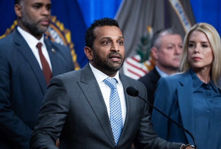 UNITED STATES - DECEMBER 4: FBI Director Kash Patel conducts a news conference at the Department of Justice on Thursday, December 4, 2025, announcing the arrest of Brian Cole Jr., who allegedly placed pipe bombs near the Republican and Democratic National Committee offices on January 6, 2021. Also appearing are, from left, ATF Special Agent in Charge Anthony Spotswood, Darren B. Cox, deputy assistant director of the FBI Criminal Investigative Division, and Attorney General Pam Bondi. (Tom Williams/CQ Roll Call)