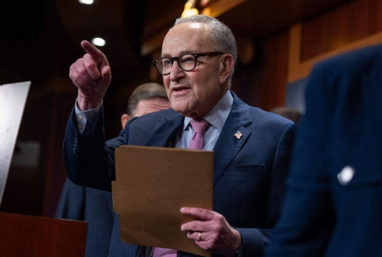 WASHINGTON, DC - DECEMBER 16: Senate Minority Leader Chuck Schumer (D-NY) speaks at a press conference with other Senate Democrats on the upcoming deadline for the release of the Epstein files, in Washington, DC on December 16, 2025. (Photo by Nathan Posner/Anadolu via Getty Images)