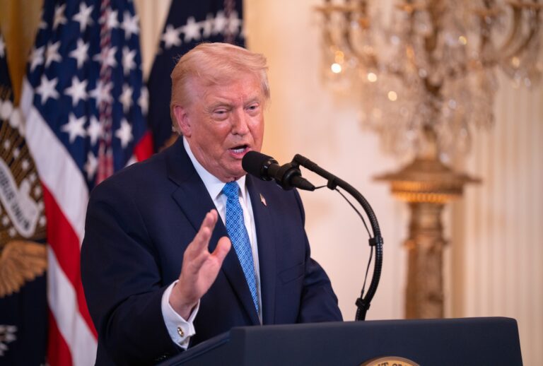 WASHINGTON, DC - DECEMBER 16: President Donald Trump speaks at a Hanukkah reception on Tuesday, Dec. 16, 2025 at the White House in Washington, D.C. (Photo by Peter W. Stevenson/The Washington Post via Getty Images)