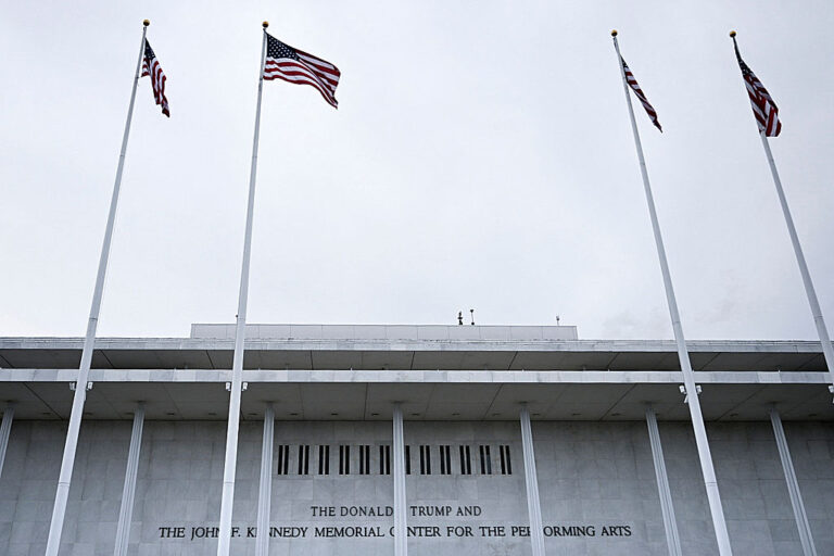 President Trump continues adding his mark on public institutions. This time, it's marble armrests at the "Trump Kennedy Center," as he calls it. (Brendan Smialowski / AFP via Getty Images)