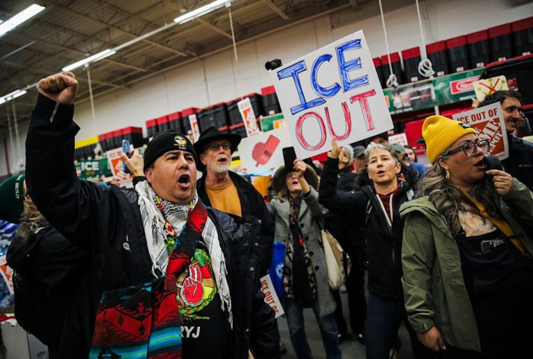 An "ICE out of Home Depot" protest in Oakland, California, on Saturday, Dec. 20, 2025. (Yalonda M. James/San Francisco Chronicle via Getty Images)