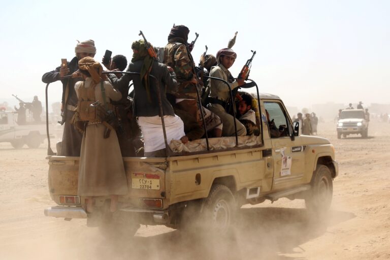 Yemen's Houthi fighters carry weapons in protest against the U.S. and Israel, Nov. 6, 2025 in Sanaa. (Mohammed Hamoud/Getty Images)
