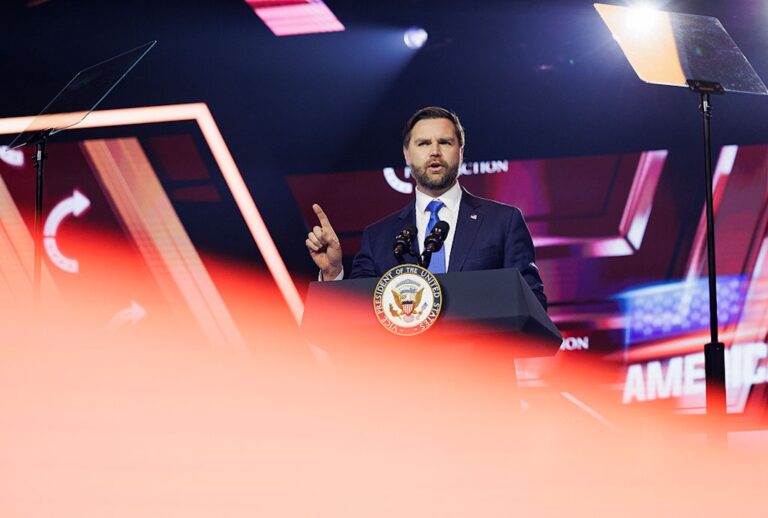 Vice President JD Vance speaks at Turning Point USA's annual AmericaFest conference  on Dec. 21, 2025. ( Caylo Seals/Getty Images)