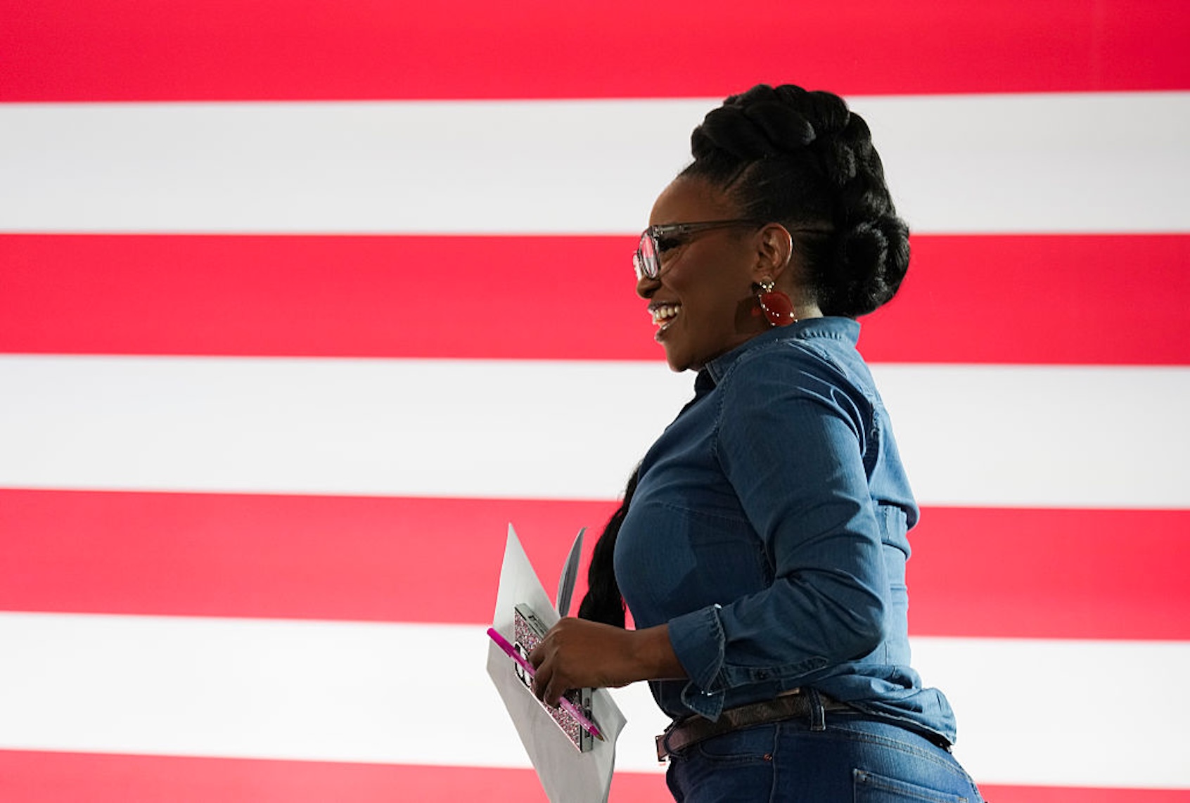 Rep. Jasmine Crockett, D-Texas, takes the stage during a rally featuring California Gov. Gavin Newsom in Houston on Nov. 8, 2025. (Jason Fochtman/Houston Chronicle via Getty Images)