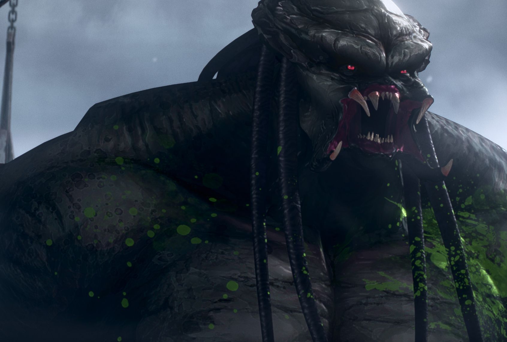 Animated still of a menacing charcoal gray alien with glowing red eyes, a heavy brow, double jaw with fans, dread-like tentacles. It's been splattered with a neon green