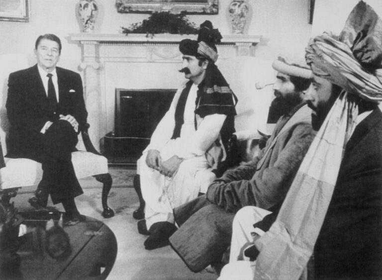 Ronald Reagan meets in the Oval Office with a group of Afghan resistance fighters, Feb. 2, 1983. (Bettmann via Getty Images)