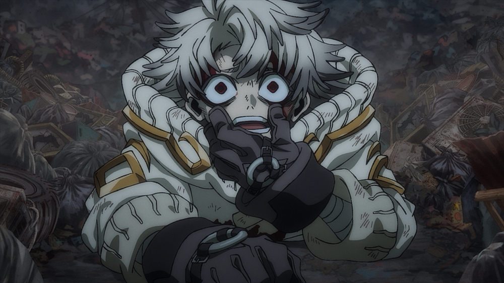 Animated still of a young boy with unruly white hair wears a white quilted jacket and heavy-duty black gloves sits in a giant trash heap. His eyes are wide and mouth gaping open, distraught