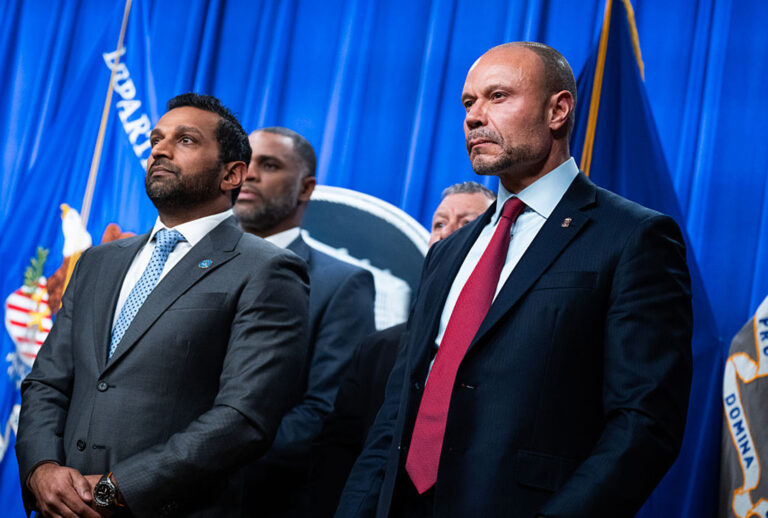 FBI Director Kash Patel, left, and Dan Bongino, deputy director of the FBI, attend a news conference at the Department of Justice on Thursday, December 4, 2025. (Tom Williams/CQ-Roll Call, Inc via Getty Images)