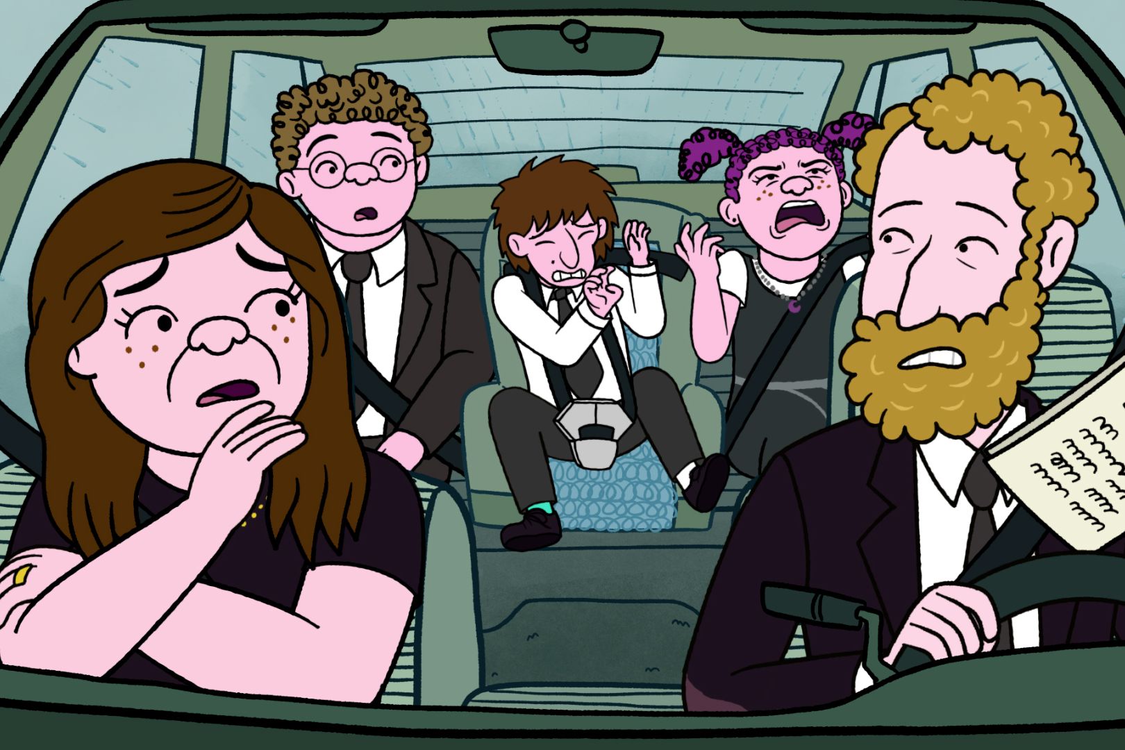 Animated still of a family in a car. Father has a curly beard and hair and is driving, freckled mother in the passenger seat looks worried. Three kids in the backseat include a bespectacled son who looks stunned, a purple-haired pigtailed daughter caught mid-complaint and a younger son in a car seat with his hands up to ward of something