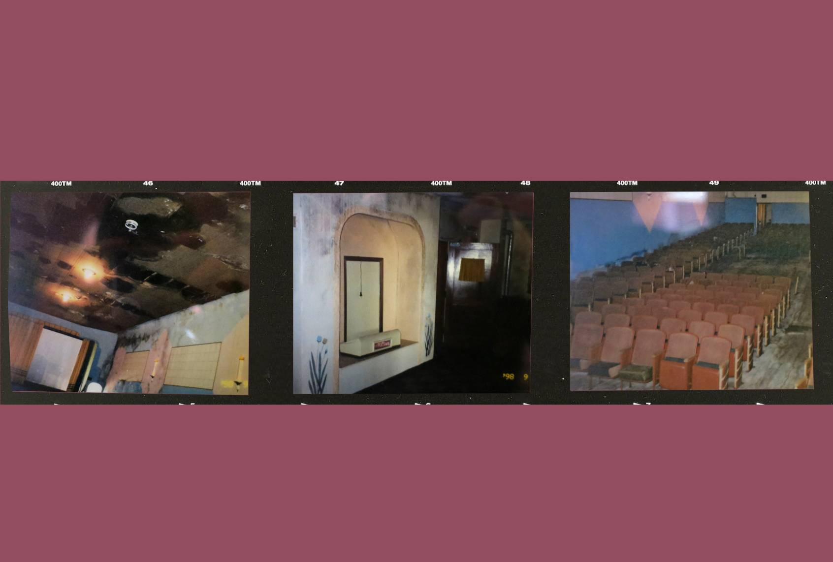 Three photos show damage and decay inside the Mayer Theatre before renovations in 1998.