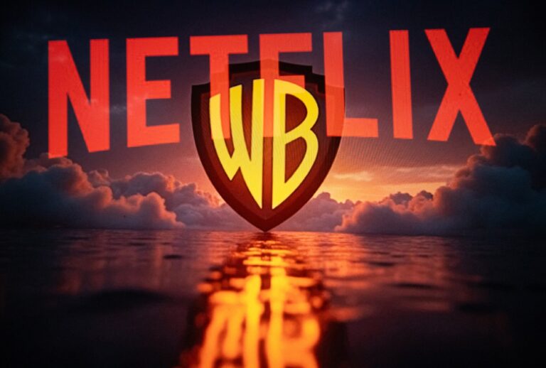 Double exposure photograph of the Netflix logo and the Warner Bros logo (Vincent Feuray / Hans Lucas / AFP via Getty Images)
