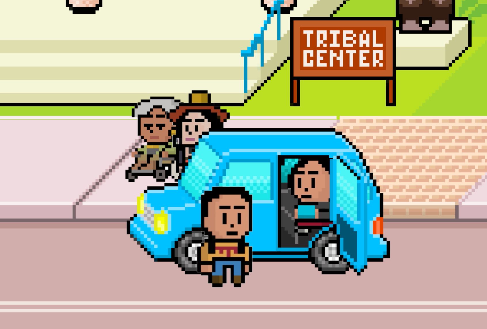 Animated 8-bit video game-style computer image of four pixlated characters who have just emerged from a blue vehicle. In the background, a sign reading "Tribal Center" sits on the lawn in front of a building