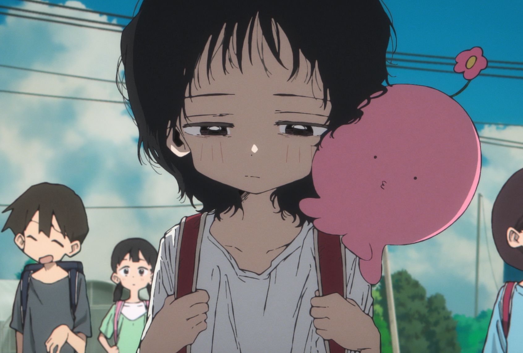Animated still of a dark-haired, depressed girl with bedraggled white t-shirt and eyes downcast. She has a round octopus-like creature riding on her shoulder. Various school children are behind her