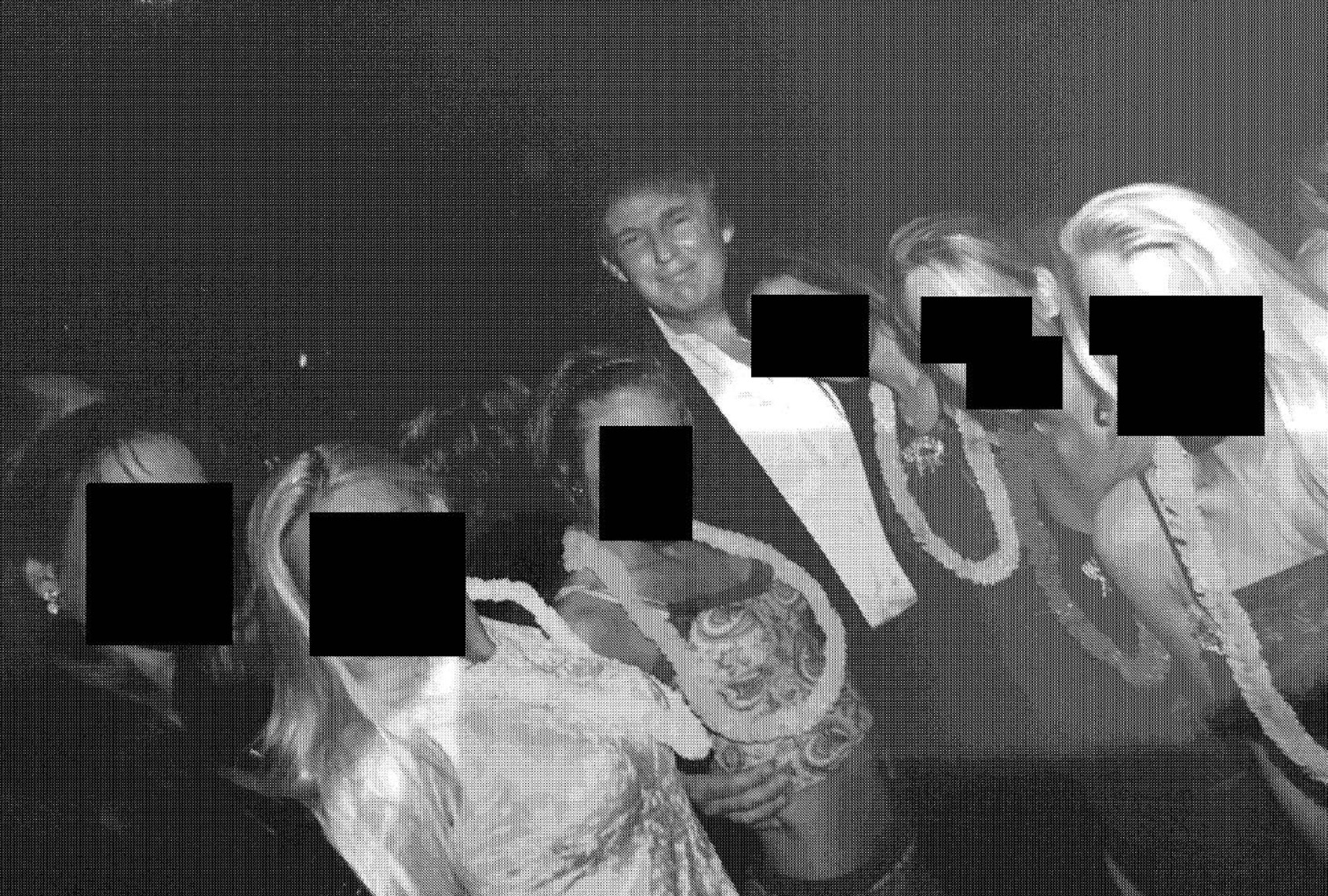 A man stands among several women at a party or nightclub, with faces partially obscured, in a dimly lit environment.