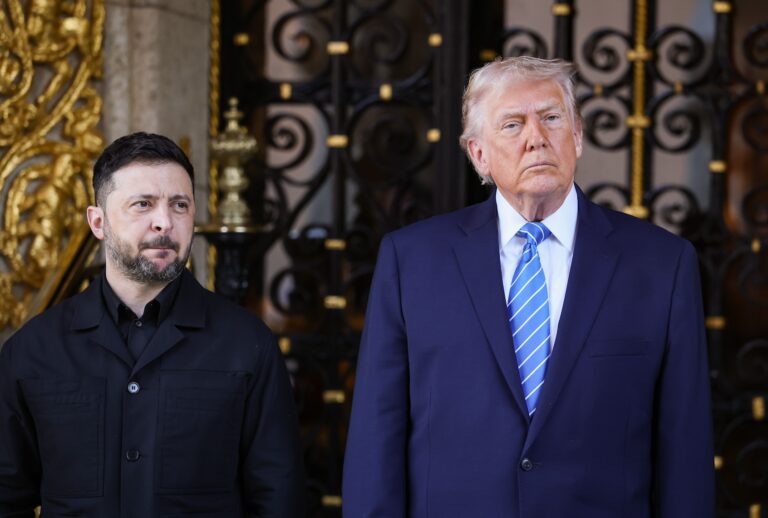 PALM BEACH, FLORIDA - DECEMBER 28: U.S. President Donald Trump greets Ukrainian President Volodymyr Zelensky at his Mar-a-Lago club on December 28, 2025 in Palm Beach, Florida. Trump invited Zelensky to his private club to work on the U.S.-proposed peace plan to end the war in Ukraine, as the conflict approaches four years since the sudden full-scale invasion by Russia on February 24, 2022. (Photo by Joe Raedle/Getty Images)