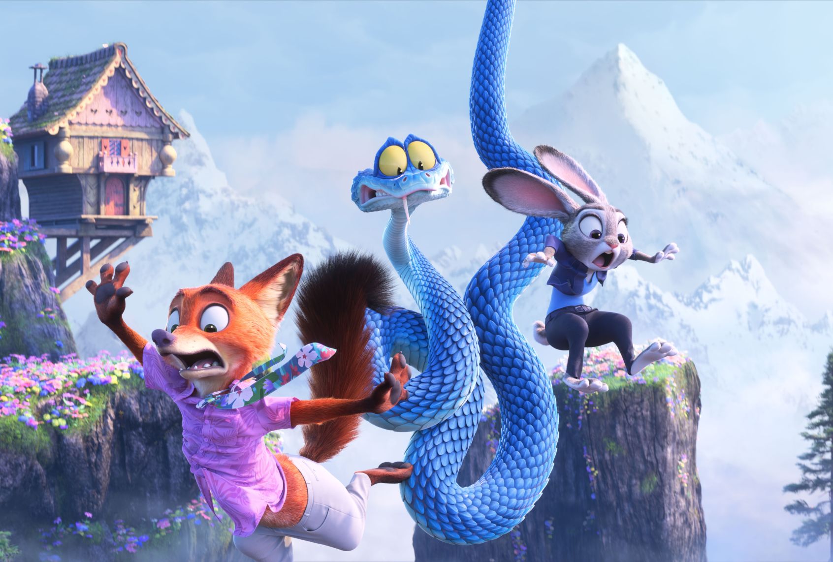 Animated still of an anthropomorphic fox wearing a purple shirt and grey pants, an anthropomorphic grey rabbit wearing black pants and shirt over a blue t-shirt and a long blue snake look panicked as they fall. A cottage and mountain are in the background