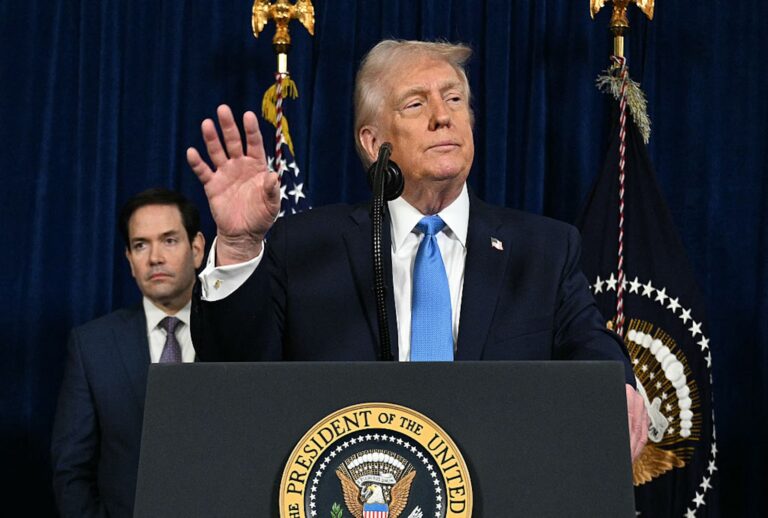 President Donald Trump, flanked by Secretary of State Marco Rubio, speaks to the press following U.S. military actions in Venezuela on Jan. 3, 2026. (Jim WATSON / AFP via Getty Images)