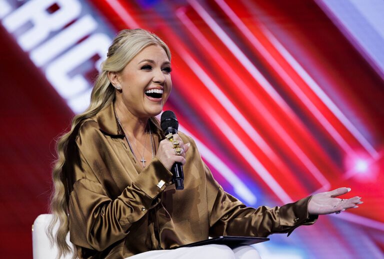 Turning Point USA CEO Erika Kirk is promoting the organization's "All-American Halftime Show." (Caylo Seals/Getty Images)