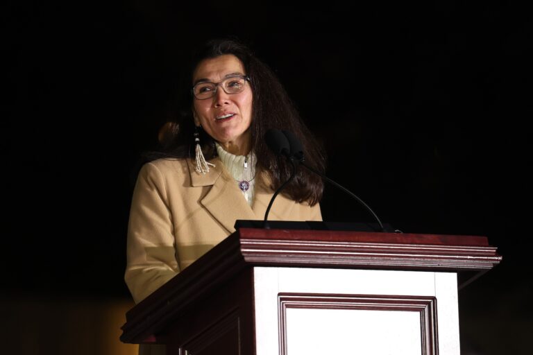 U.S. Rep. Mary Peltola (D-AK) speaks during the U.S. Capitol Christmas Tree lighting ceremony on the west front of the U.S. Capitol on December 03, 2024 in Washington, DC.  This year's tree is an 80-foot Sitka spruce from the Wrangell District Region in Alaska's Tongass National Forest. (Photo by Kevin Dietsch/Getty Images)