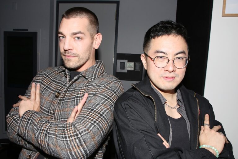 Matt Rogers and Bowen Yang pose backstage at the new play "Messy White Gays" at The Duke on 42nd Street Theater on November 20, 2025 in New York City. (Photo by Bruce Glikas/Getty Images)
