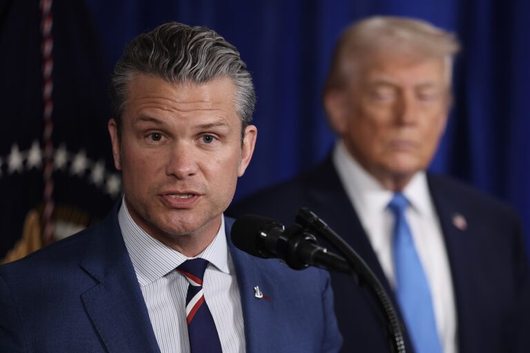 U.S. Secretary of War Pete Hegseth speaks during a press conference with U.S. President Donald Trump at Mar-a-Lago club on January 03, 2026, in Palm Beach, Florida. (Photo by Joe Raedle/Getty Images)