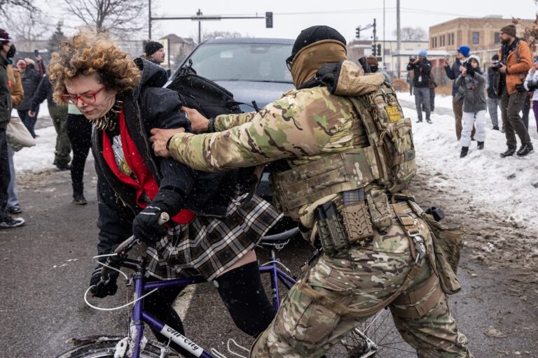 Protesters clashed after federal agents arrested a suspect near 28th and Blaisedell Avenue South in Minneapolis, Minn., on Wednesday, Jan. 21, 2026. ] Coverage since an influx of federal agents arrived in Minnesota. (Photo by Richard Tsong-Taatarii/Getty Images)
