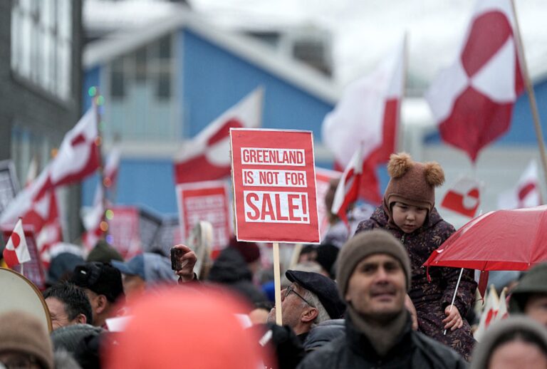 Greenlanders demonstrate against Donald Trump's threats against their sovereignty on Jan. 17, 2026 in the capital of Nuuk. (Alessandro RAMPAZZO / AFP via Getty Images)