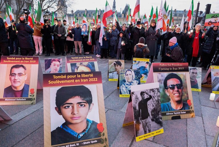 Victims from Iran's uprisings are remembered at a vigil in Paris on Jan. 18, 2026. (Siavosh Hosseini/SOPA Images/LightRocket via Getty Images)