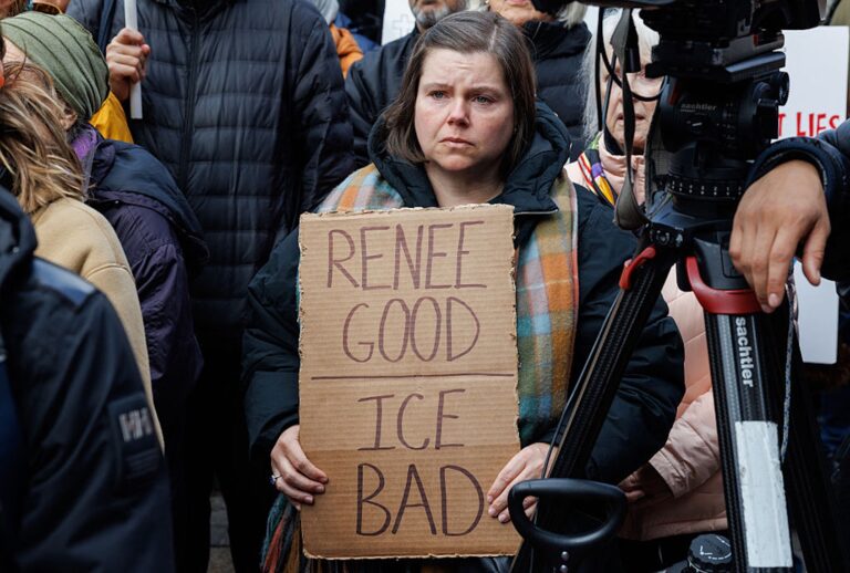 A protester in Manhattan's  Grand Army Plaza following the killing of Renee Nicole Good by an Immigration and Customs Enforcement officer in Minneapolis, Minnesota. ( Jason Alpert-Wisnia / Hans Lucas / AFP via Getty Images)