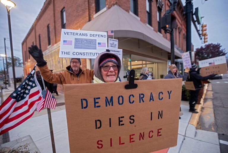 Veterans rally against President Donald Trump in Milan, Michigan, on Nov. 11, 2025. ( Jim West/UCG/Universal Images Group via Getty Images)