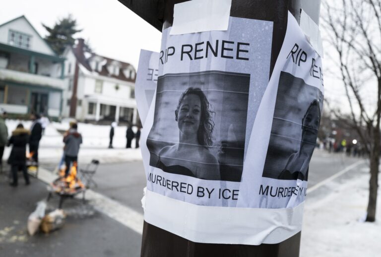 MINNEAPOLIS, MINNESOTA - JANUARY 08: A portrait of Renee Nicole Good is pasted to a light pole near the site of her shooting on January 08, 2026 in Minneapolis, Minnesota. According to federal officials, an ICE agent shot and killed Good during a confrontation yesterday in south Minneapolis. (Photo by Stephen Maturen/Getty Images)