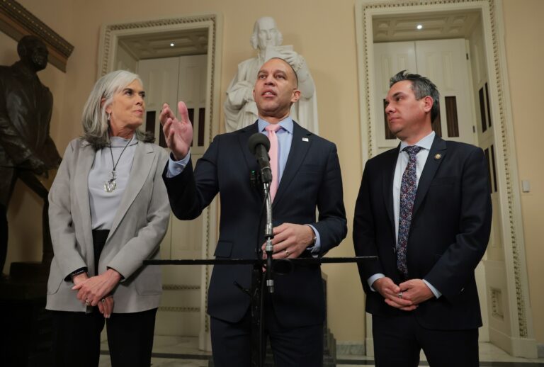 WASHINGTON, DC - JANUARY 8:  U.S. House Minority Leader Hakeem Jeffries (D-NY) speaks alongside Rep. Pete Aguilar (D-CA) (R) and Rep. Katherine Clark (D-MA) during a news conference after a vote on healthcare subsidies at the U.S. Capitol on January 8, 2026 in Washington, D.C. The House of Representatives passed legislation for a three year extension of expired health care subsidies for those who get coverage through the Affordable Care Act. The legislation will now go to the Senate. (Photo by Anna Moneymaker/Getty Images)