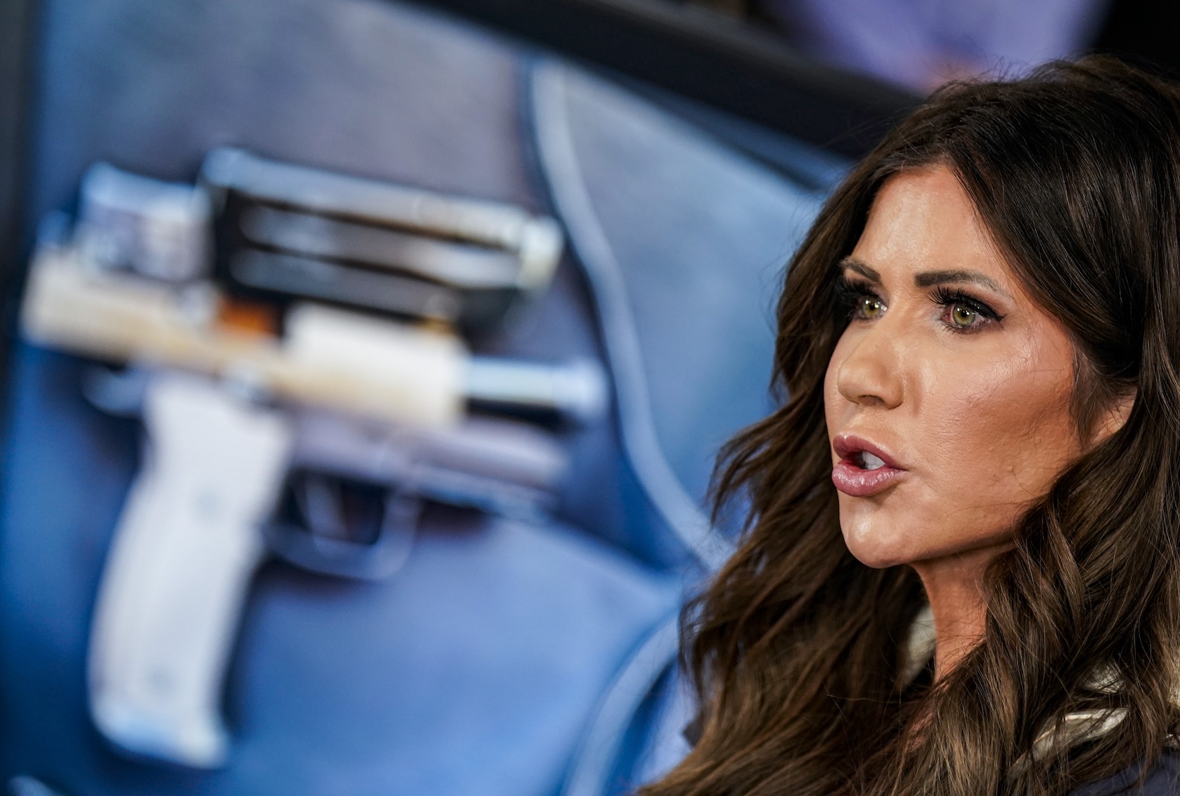 U.S. Secretary of Homeland Security Kristi Noem as she speaks during a news conference in the National Response Coordination Center at FEMA headquarters on January 24, 2026 in Washington, DC. (Photo by Al Drago/Getty Images)