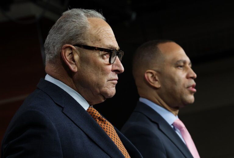 WASHINGTON, DC - JANUARY 08: House Minority Leader Hakeem Jeffries (D-NY) speaks as U.S. Senate Minority Leader Chuck Schumer (D-NY) looks on during a news conference at the U.S. Capitol on January 08, 2026 in Washington, DC. Schumer and Jeffries spoke to reporters on the recent ICE shooting, limiting President Trump’s war powers in the wake of the Venezuela raid and upcoming floor legislation including the extension of “Obamacare” subsidies. (Photo by Kevin Dietsch/Getty Images)