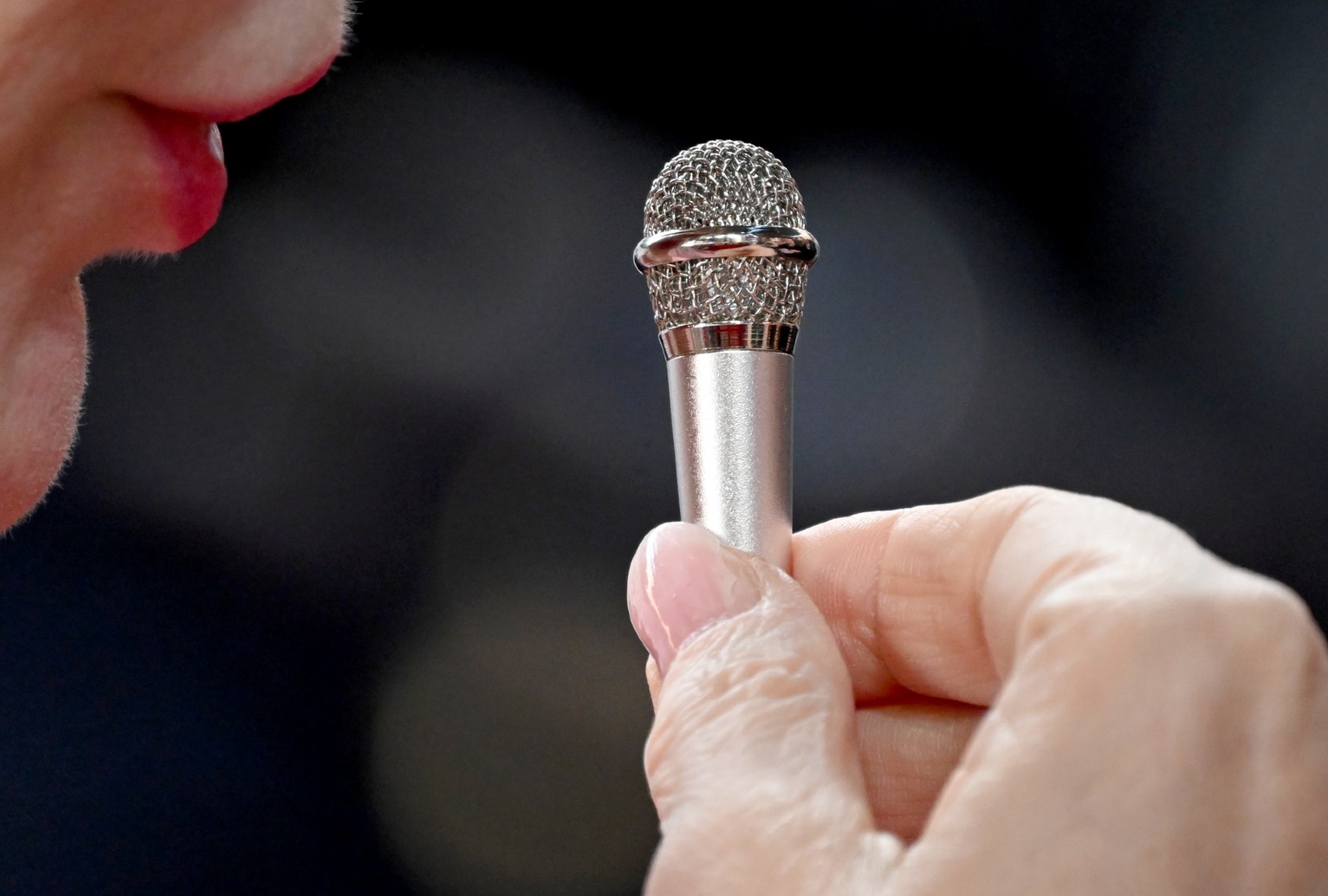 A woman speaks into a small microphone on the red carpet before the German Film Awards ceremony. The Lola is one of the most important awards in the industry. (Sebastian Christoph Gollnow/picture alliance via Getty Images)