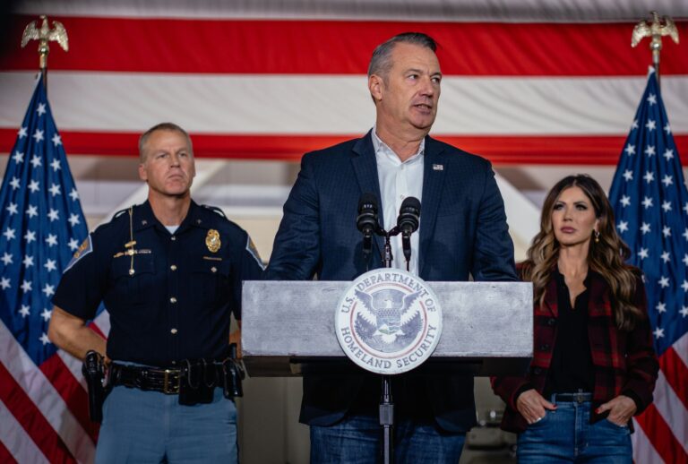 Acting ICE Director Todd Lyons (C) speaks during a press conference with U.S. Homeland Security Secretary Kristi Noem on October 30, 2025, in Gary, Indiana. (Jamie Kelter Davis/Getty Images)