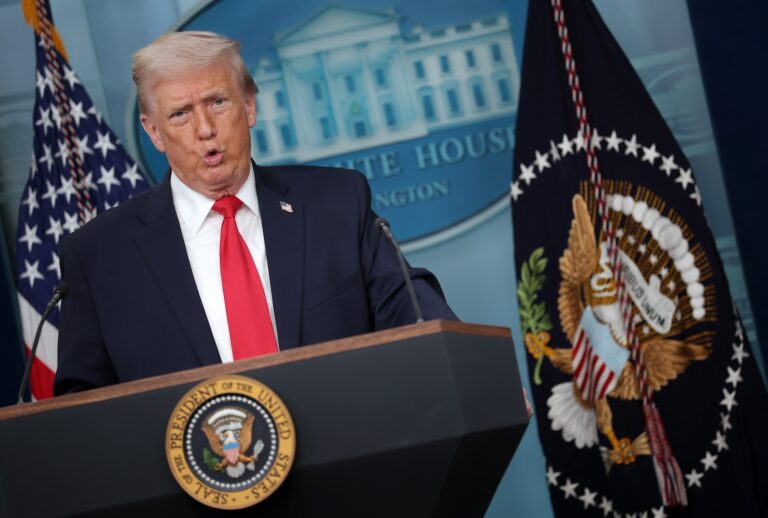 WASHINGTON, DC - JANUARY 20: U.S. President Donald Trump speaks to the media during a press briefing in the James S. Brady Press Briefing Room of the White House on January 20, 2026 in Washington, DC. White House Press Secretary Karoline Leavitt was joined by President Trump days after the president threatened a 10% import tax on goods from eight European countries that have rallied around Denmark amid Trump's calls for the U.S. to take control of Greenland, a semi-autonomous Danish territory. (Photo by Kevin  Dietsch/Getty Images)