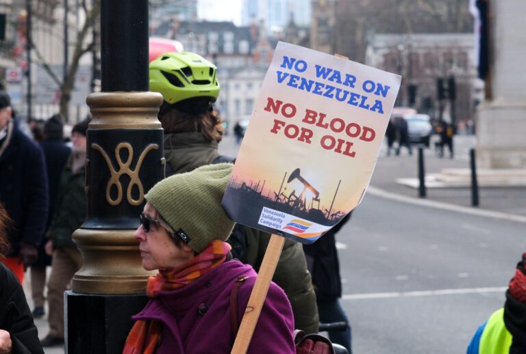 Protest on Whitehall, London against the American action in Venezuela. (Matthew Chattle/Future Publishing via Getty Images)