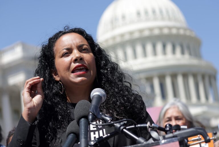 Analilia Mejia, Co-Executive Director of Center for Popular Democracy, speaks during a news conference outside the U.S. Capitol on April 19, 2023 in Washington, DC. (Photo by Alex Wong/Getty Images)