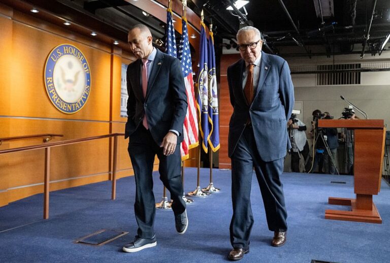 Senate Minority Leader Chuck Schumer and House Minority Leader Hakeem Jeffries have a choice to make on opposing President Donald Trump's mass deportation campaign ( SAUL LOEB / AFP via Getty Images)