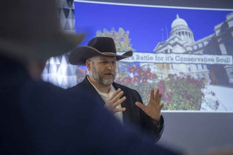 Idaho governor candidate Ammon Bundy takes questions from the public on January 26, 2022 in Shelly, Idaho. Analysts are speculating that the governor bid by Bundy, a far-right activist, is part of a larger anti-establishment trend. (Photo by Natalie Behring/Getty Images)